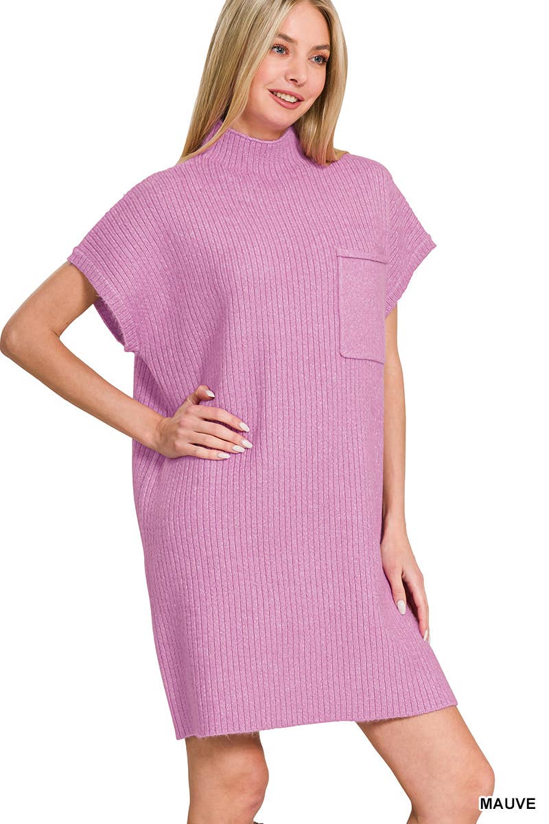 42POPS - Wholesale Dress - Women's - ..SI-26560 Mock Neck Short Sleeve Sweater Dress With Pocket15