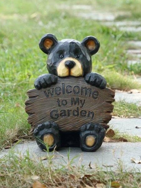 Hi-Line Gift Ltd. - Wholesale Outdoor Sign - Bear Cub Holding Welcome Sign