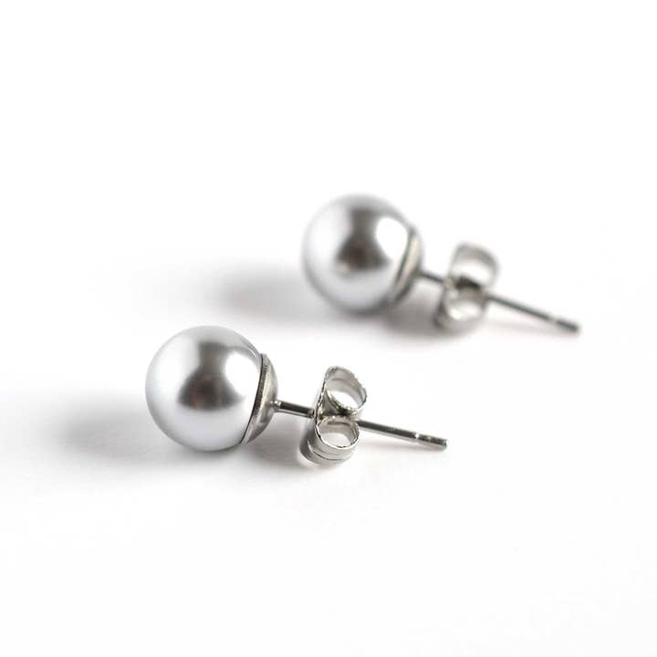 8mm Light Grey Faux Pearl Stud Earrings, Hypoallergenic Surgical Steel, Modern Statement Studs for wholesale by Little Gems Jewels