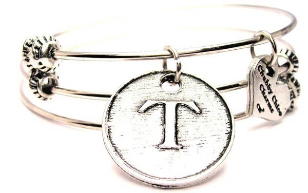 Chubby Chico Charms - Wholesale Bangle Bracelet - Initial T Circle Triple Style Bangle Bracelet0