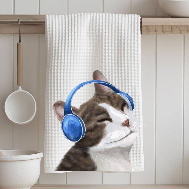 Cat Listening to Music Kitchen Towel for wholesale by MerikaArt