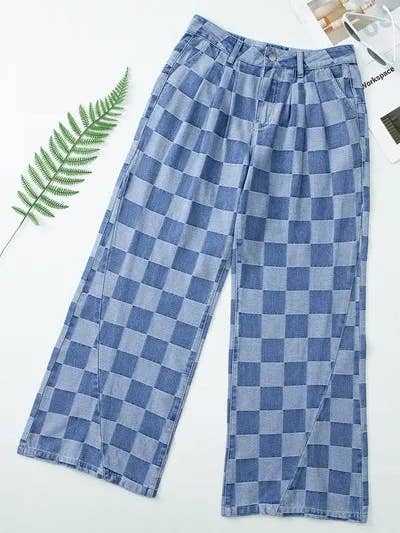 ClassiQ - Vente Jean – femme - Jean à jambes larges à carreaux avec poches5