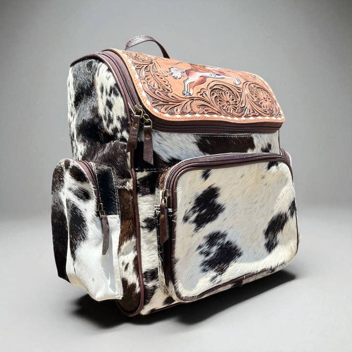 Western Linens - Wholesale Backpack - Women's - Horse tooled leather & cowhide backpack 2
