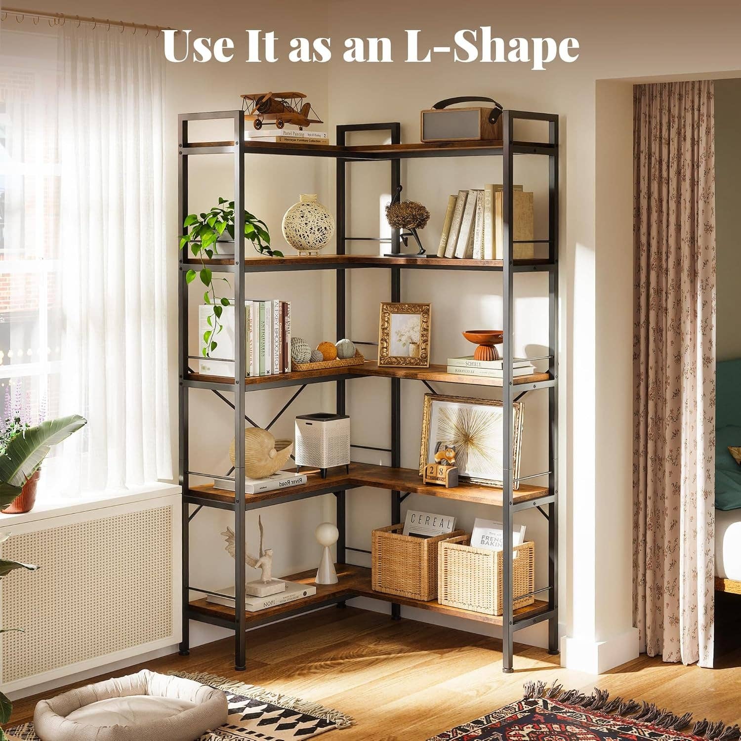 L Shaped Corner Bookshelf 49 Inch Rustic Brown Wood Metal Frame for wholesale on Faire6