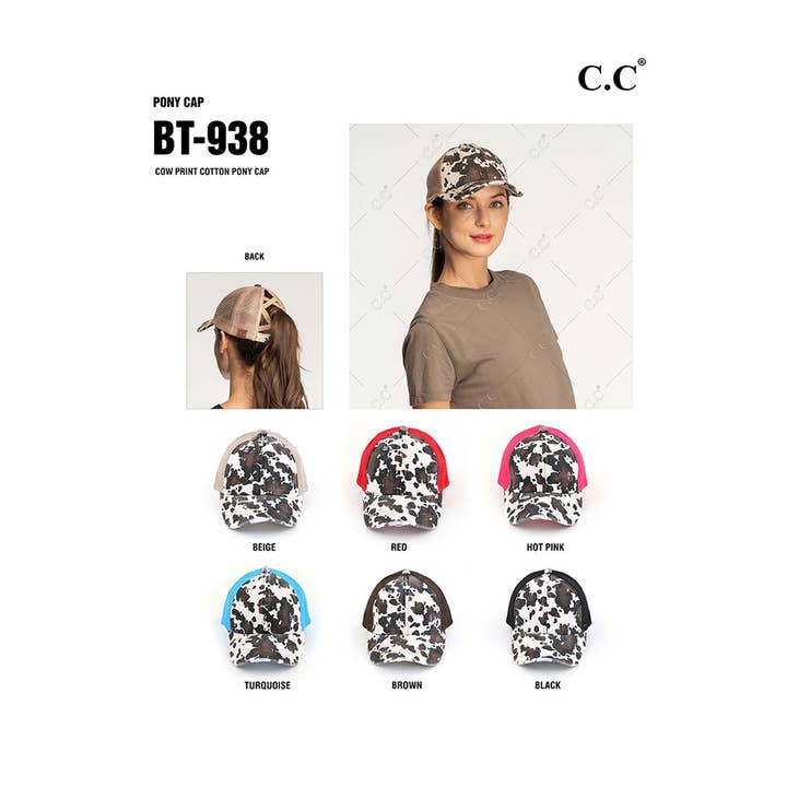 Hana - Wholesale Ponytail Cap - Women's - C.C Cow Print Mesh Criss Cross Ponytail Baseball Cap