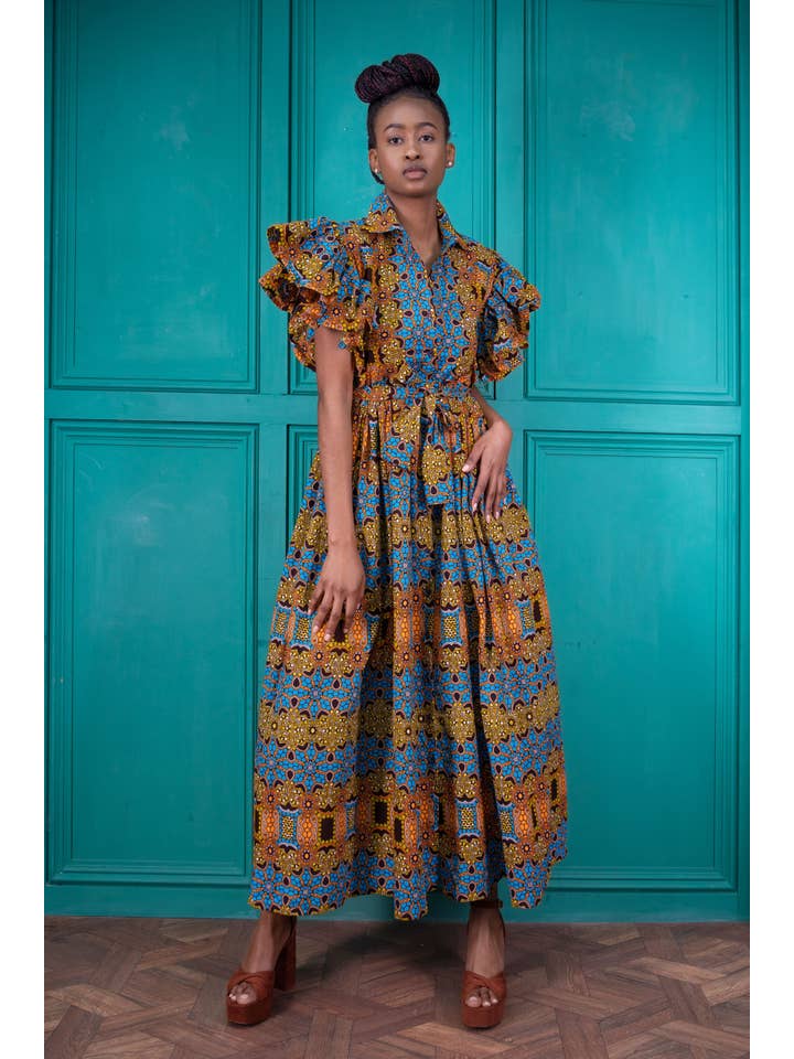 MUSTARD Akua Ruffle Sleeve African Print Maxi dress for wholesale on Faire