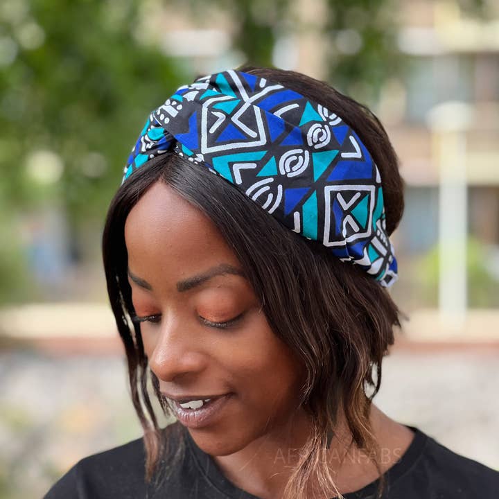 AfricanFabs - Venta al por mayor Cinta para el pelo - Mujer - Cinta para la cabeza de estampado africano (ajuste más suelto) - Adultos - Accesorios para el cabello - Bogolan azul