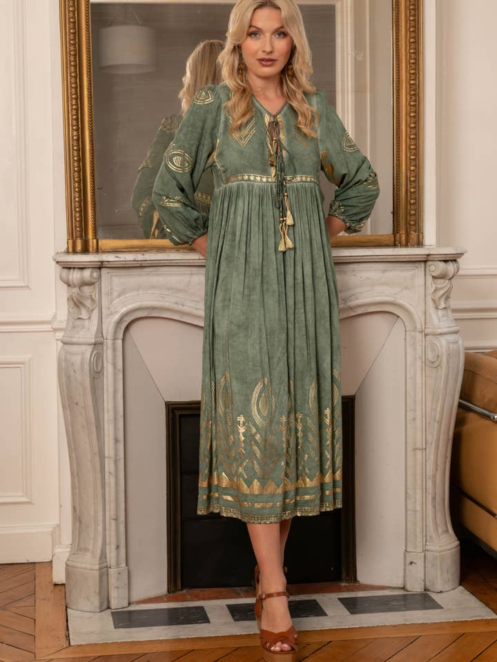 Lange jurk met gouden print, V-hals met bindstrik voor wholesale door last queen