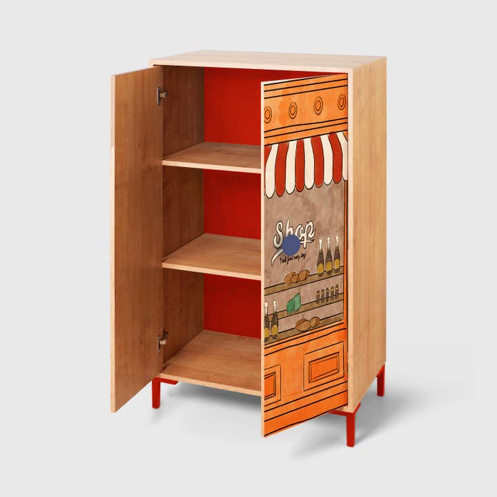 Really Nice Things - Wholesale Cabinet - 2-door oak-colored wardrobe with store print.1