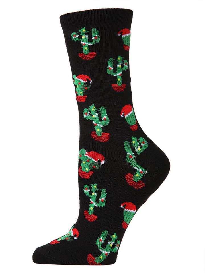 Black MeMoi Christmas Cactus Holiday Crew Socks for wholesale on Faire0