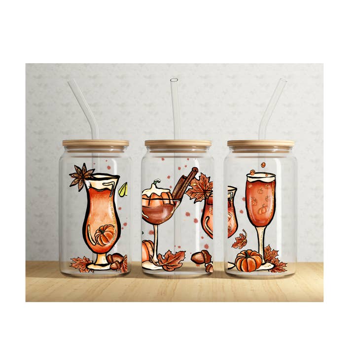Autumn Drink 16 oz Glass Can with Bamboo lid & plastic straw for wholesale by Tees of Paradise