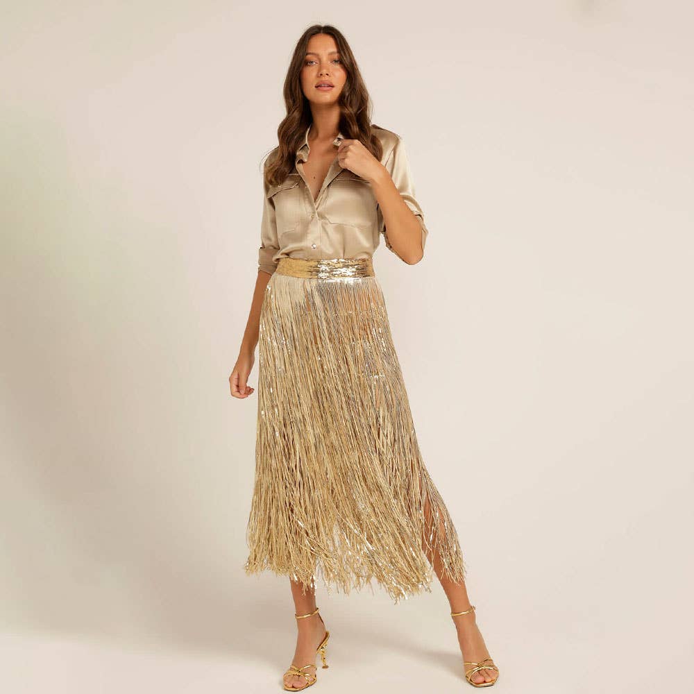 Love, Bonfire the Label - Wholesale Skirt - Women's - Where Women Glow Gold Sequin Fringe Skirt3