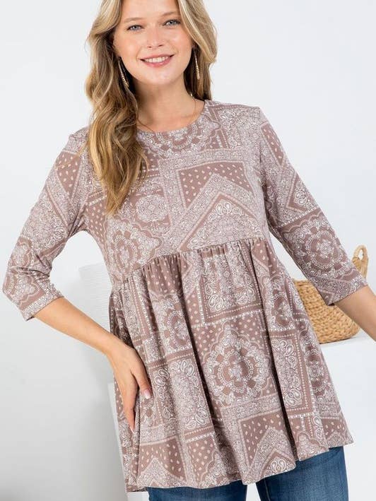 Baby-Doll-Tunika mit 3/4-Ärmeln - Paisley-Bandana-Print für den Großhandel von Rose Mellow Fashion