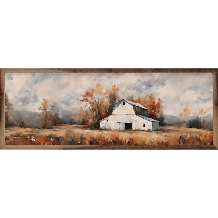Kendrick Home - Wholesale Wood Wall Art - White Barn In The Fall