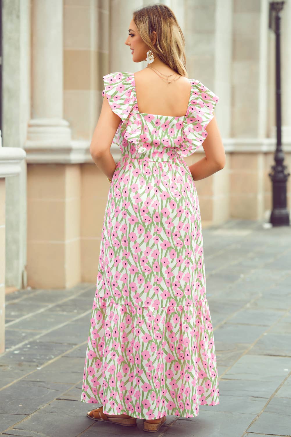 1 the Woman - Wholesale Dress - Women's - Floral Print Square Neck Ruffled Strap Maxi Dress3