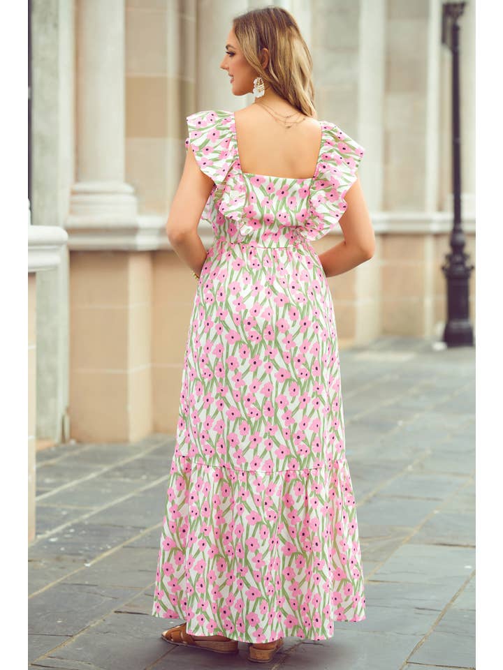 1 the Woman - Wholesale Dress - Women's - Floral Print Square Neck Ruffled Strap Maxi Dress3