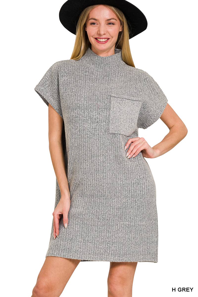 42POPS - Wholesale Dress - Women's - ..SI-26560 Mock Neck Short Sleeve Sweater Dress With Pocket