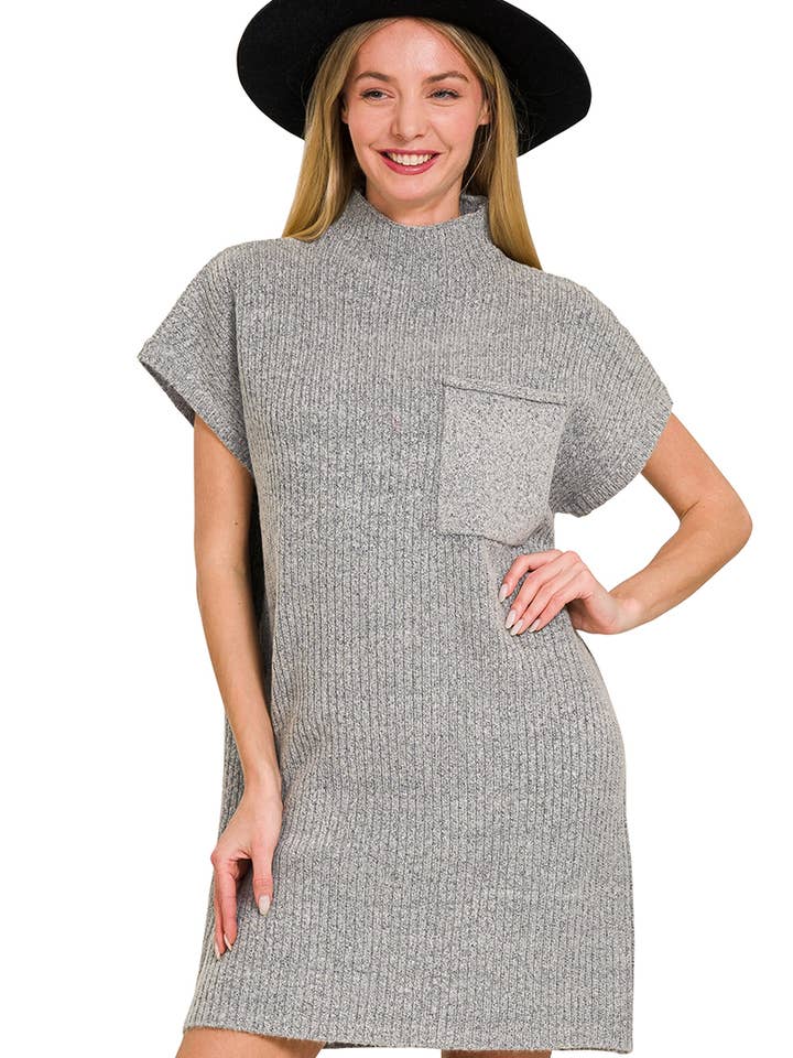 42POPS - Wholesale Dress - Women's - ..SI-26560 Mock Neck Short Sleeve Sweater Dress With Pocket0