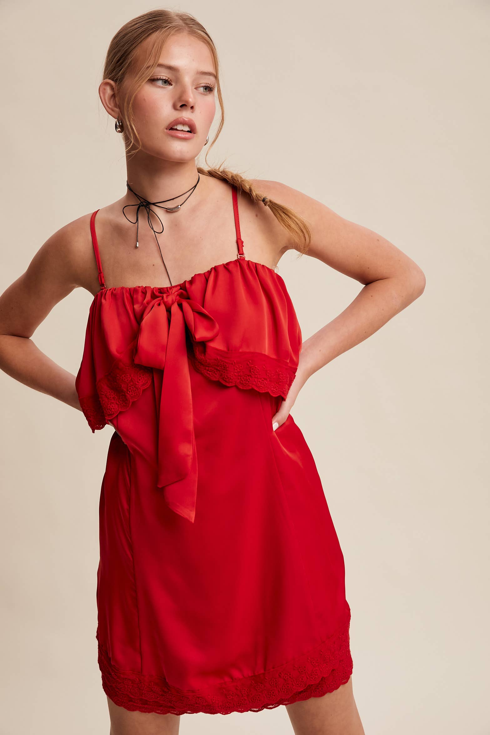 Listicle - Wholesale Dress - Women's - Bow Front Lace Trim Mini Dress LD106327