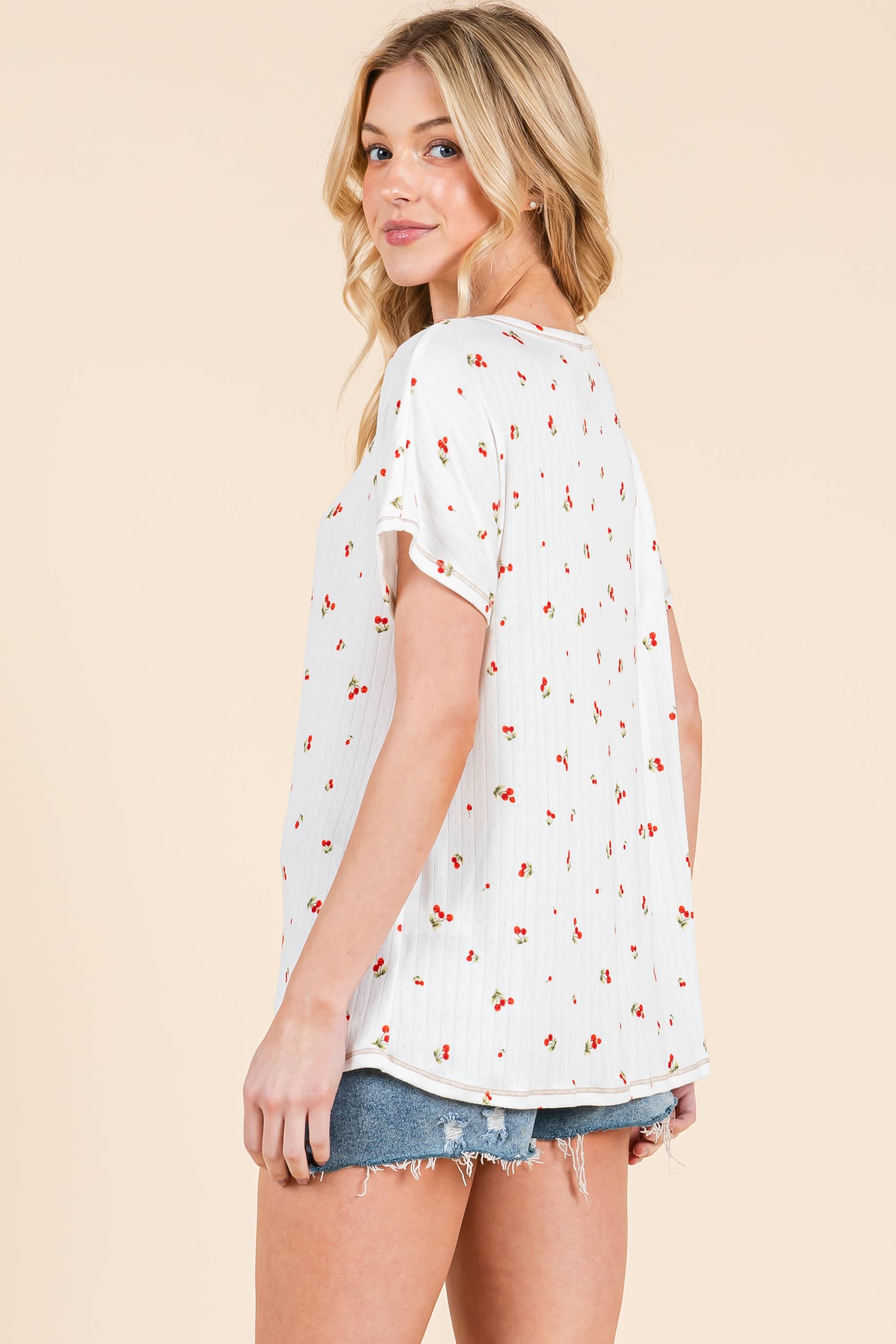 White TA2339 SWEET CHERRY PRINT RELAXED TEE for wholesale on Faire3