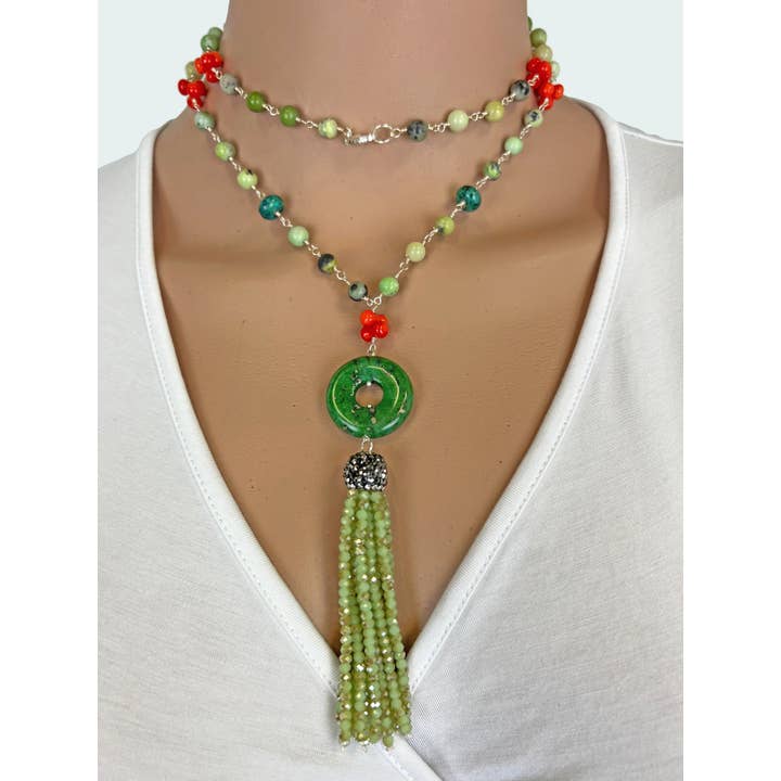 IST Jewelry - Venta al por mayor Collares con colgantes/abalorios - Collar con colgante de borla Green Donut Life Saver Druzy