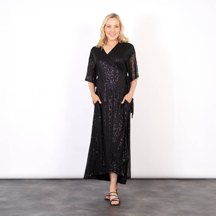 Sarta - Wholesale Dress - Women's - Liv Wrap Dress - Black, Sequin