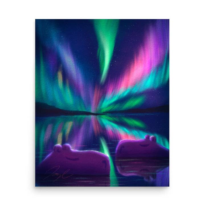 Capybaras and Northern Lights Painting | Aurora Art Print for wholesale by JoyousJoyfulJoyness