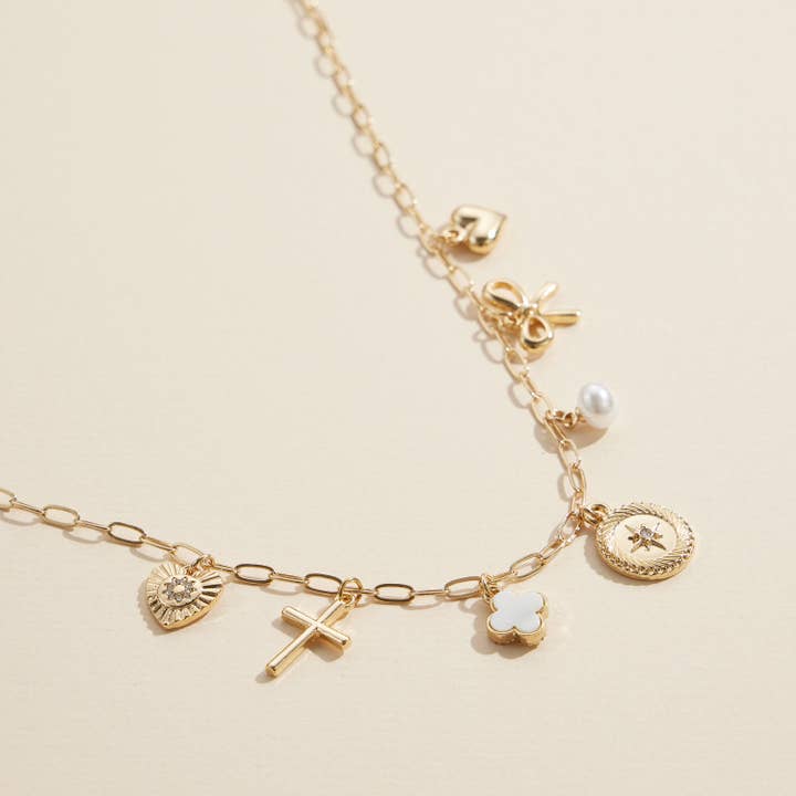 Frem - Wholesale Pendant/Charm Necklace - Charm Necklace with Heart, Cross, Compass & Bow Pendants