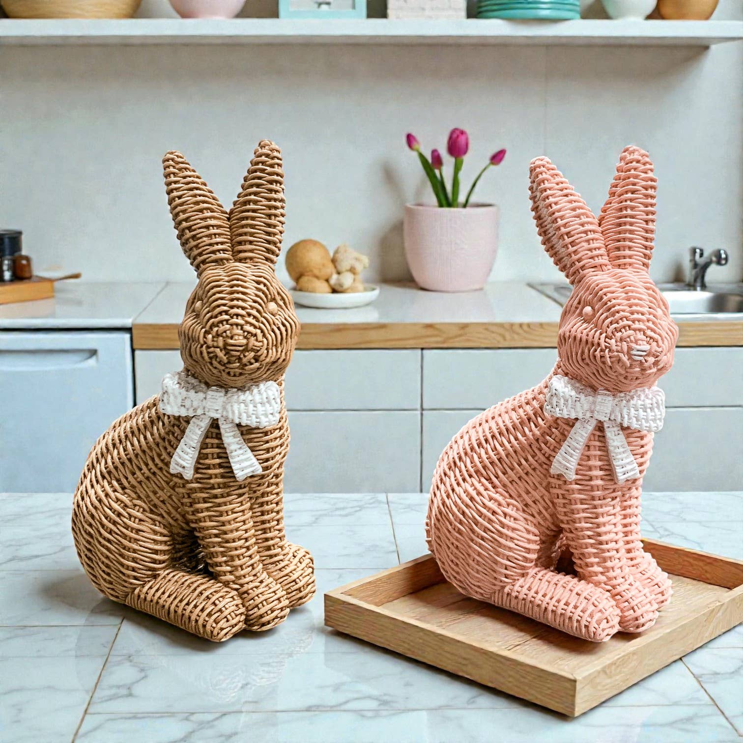 Gia Roma - Wholesale Sculpture - Easter Farmhouse Home Decor, Resin Bunny Figurine Rattan 12