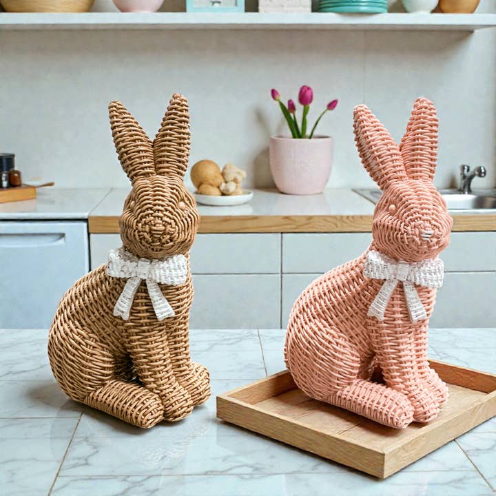 Gia Roma - Wholesale Sculpture - Easter Farmhouse Home Decor, Resin Bunny Figurine Rattan 12