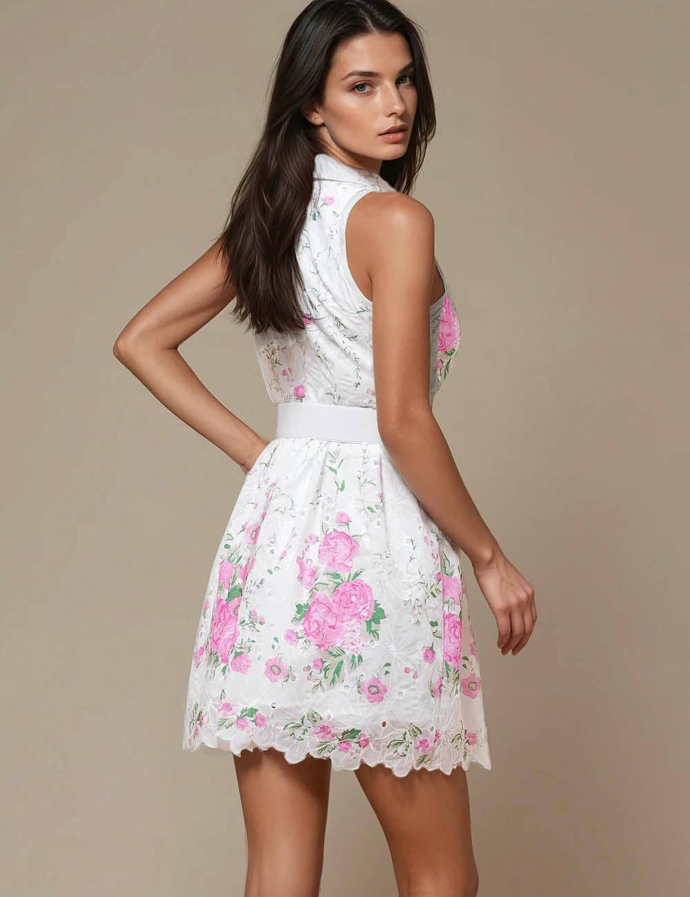 White Ladies Sleeveless Floral Print Mini Dress SKD51180 for wholesale on Faire9