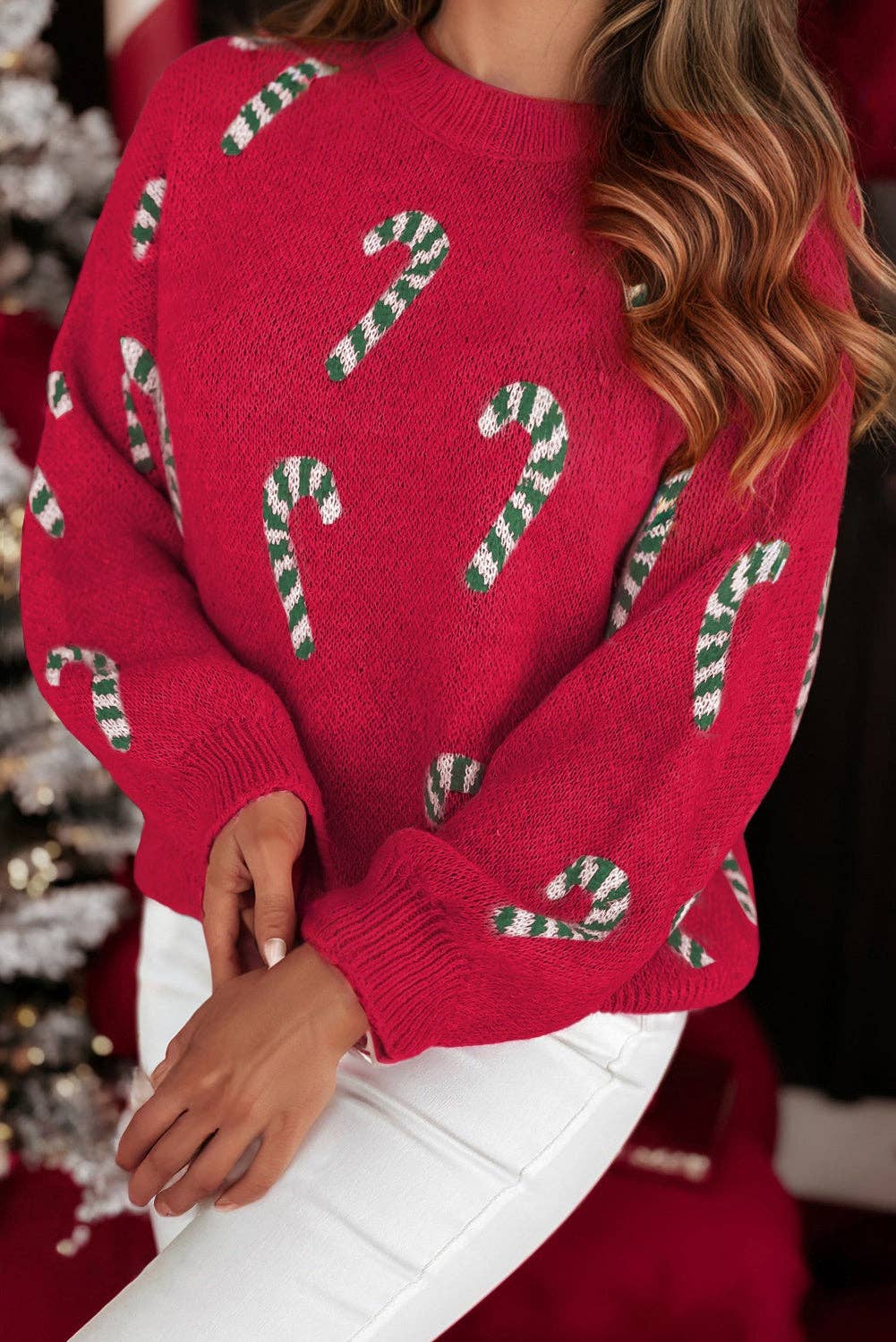 PRETTY BASH - Wholesale Knit Sweater - Women's - Christmas Candy Cane Drop Shoulder Sweater9