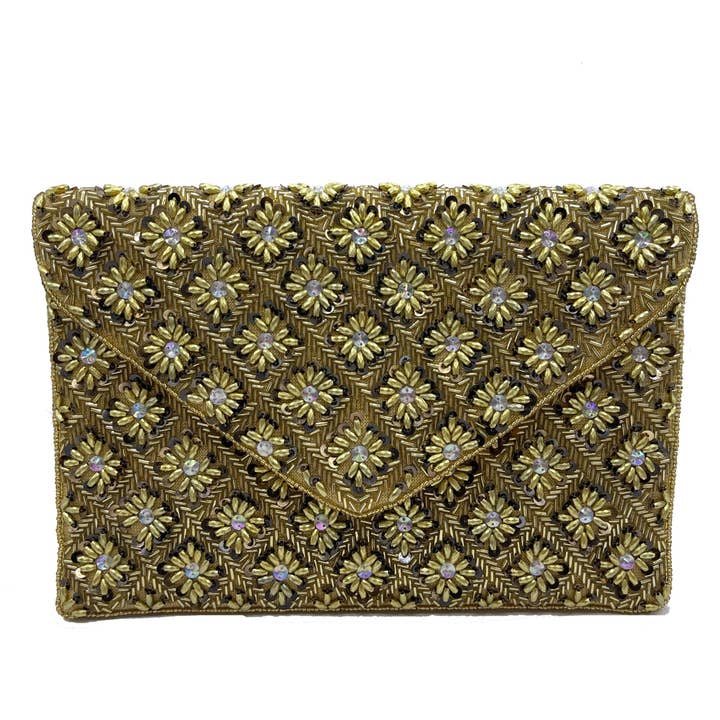 GOLD PATTERN MEDALLION BEADED CLUTCH for wholesale by Pizzazz, Inc.