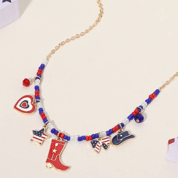 Enamel American USA Flag Hat Bow Star Heart Charm Necklace for wholesale by Sensibling Corp.
