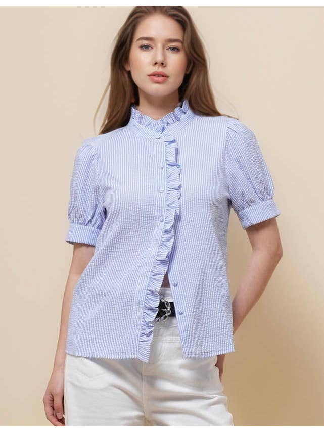 Sweetkama - Vendita all'ingrosso Camicia button down - Donna - Camicia a righe con maniche corte e collo arricciato da donna SKT510873