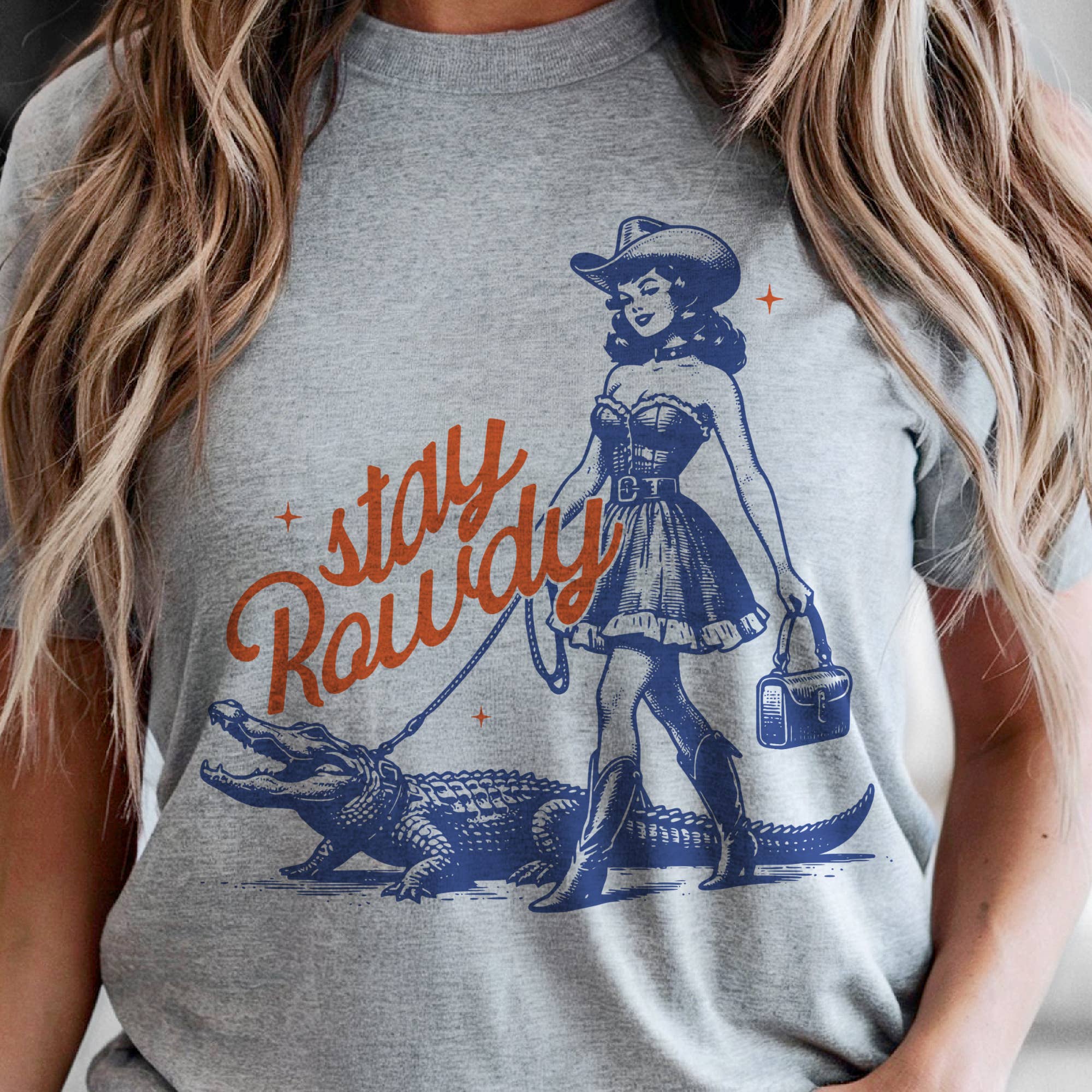 Par.tees by Party On! - Wholesale T-Shirt (Graphic) - Women's - Western Stay Rowdy Retro Cowgirl Alligator  Graphic Tee1