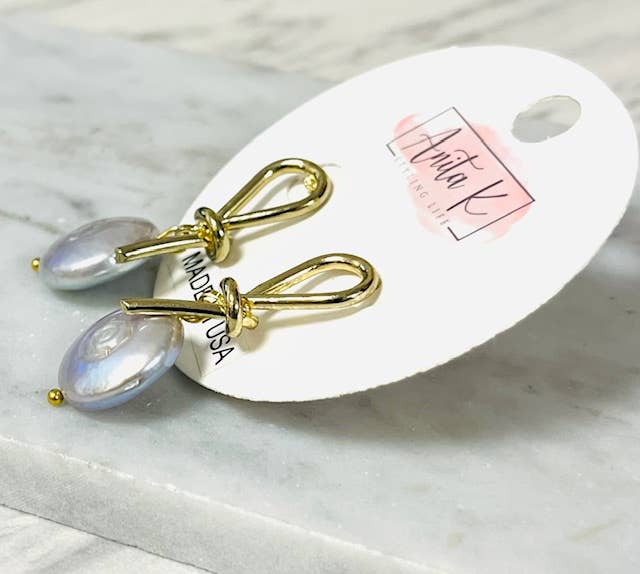Anita K By Blushing Pink - Wholesale Dangle Earrings - Gold Knot with a 15mm Coin Pearl Drop1