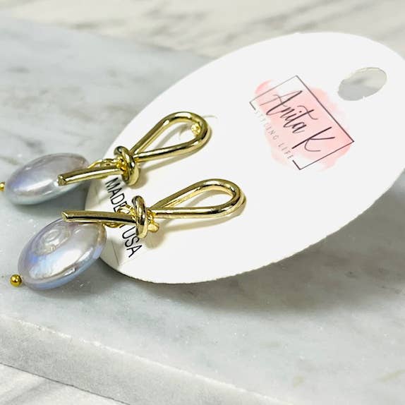 Anita K By Blushing Pink - Wholesale Dangle Earrings - Gold Knot with a 15mm Coin Pearl Drop1