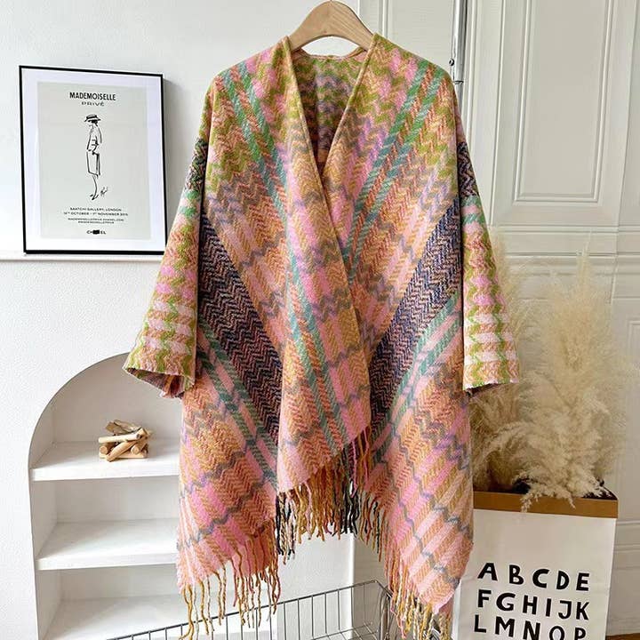 Rosa Clothing - Wholesale Wrap - Women's - Bohemia vintage plaid Thermal shawl with tassel