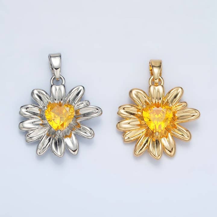 Aim Eternal - Wholesale Individual charm/pendant - 24K Gold Filled Yellow Heart CZ Sunflower Pendant in Gold & Silver | AA13904