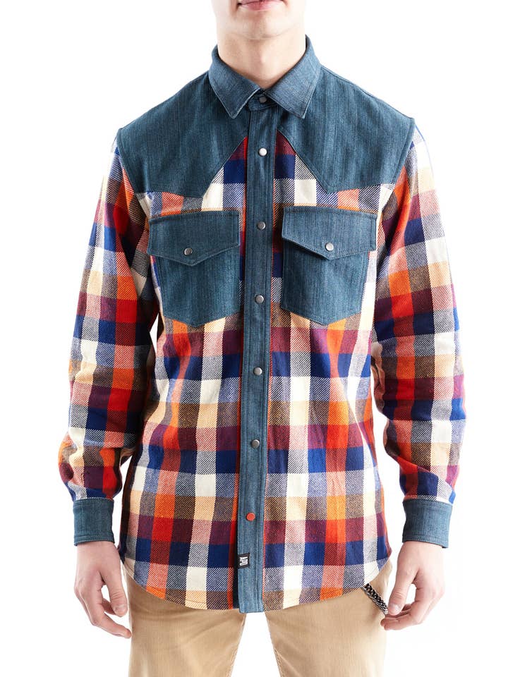 Amy Page DeBlasio - Wholesale Button Down Shirt - Men's - Western Shirt in Orange Checked Flannel and Denim