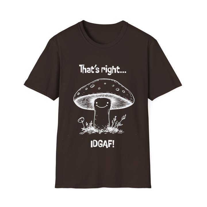Smiling Mushroom Unisex Softstyle Funny Sarcastic Tee for wholesale by Quixotic Caverns Trading Company