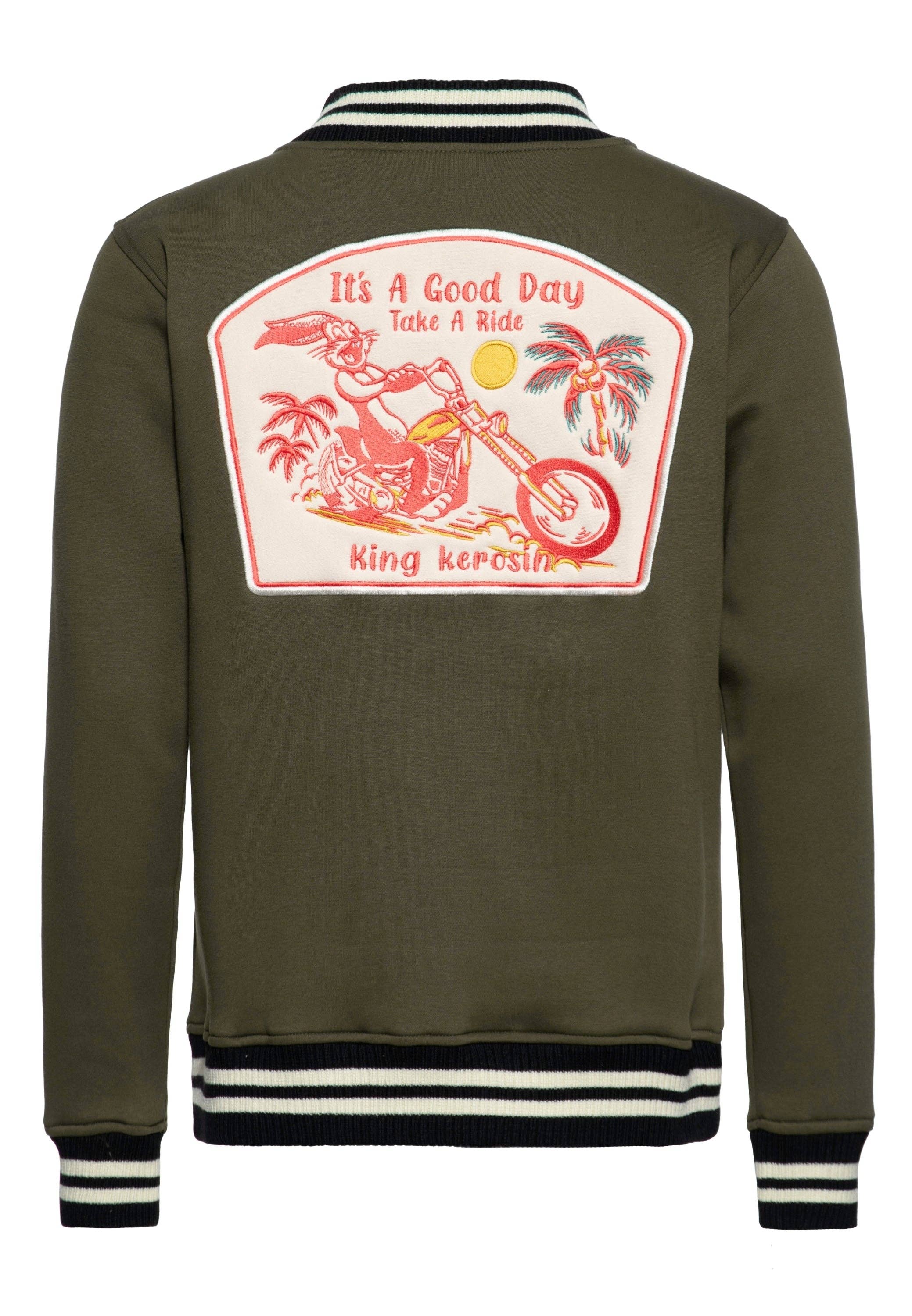 olive green Varsity jacket "It's a Good Day - Take a Ride" for wholesale on Faire0
