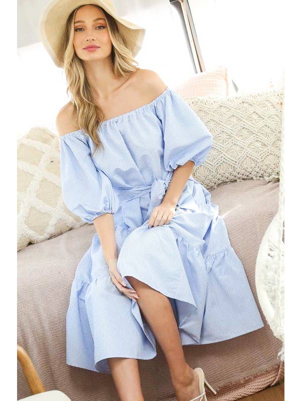 Vine & Love - Wholesale Dress - Women's - Off-The-Shoulder Tie Waistband Tiered Striped Dress  VD7029612