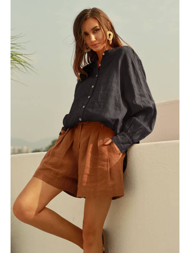 Frieeah - Wholesale Button Down Shirt - Women's - Helen | Flax-Linen Oversized Button-Up Shirt