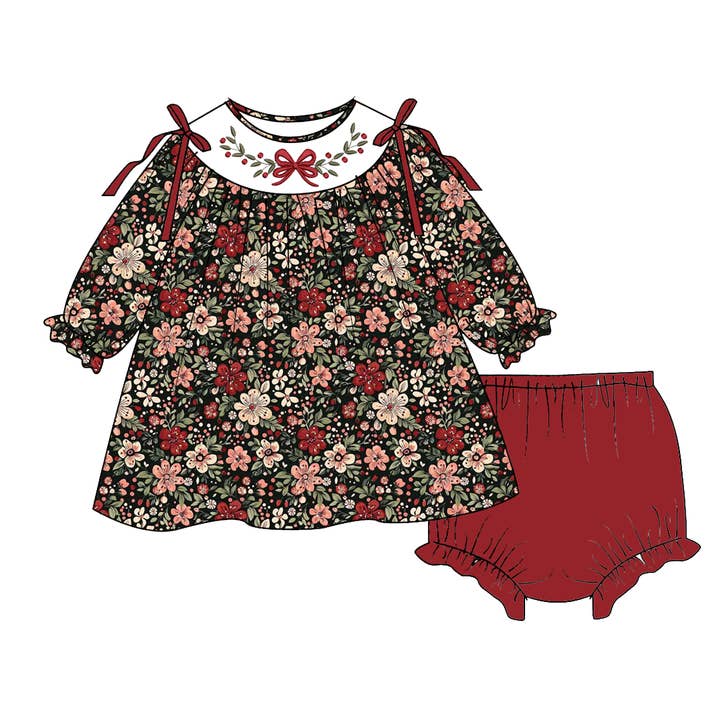 Auraquise - Wholesale Clothing Set - Baby - Fall Brown Bow Floral Smocked Embroidery Outfit Collection3