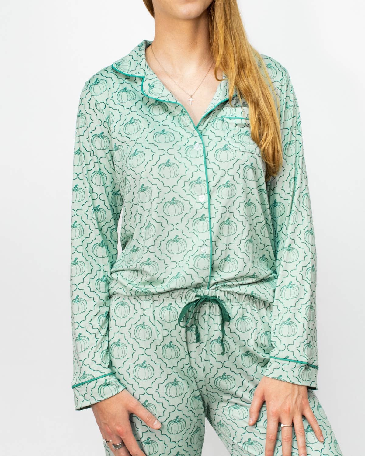 The Royal Standard - Vente Haut de pyjama – femme - Chemise de nuit à manches longues boutonnée Give 'em Pumpkin   Jade clair/Jasper   -Assortie.1