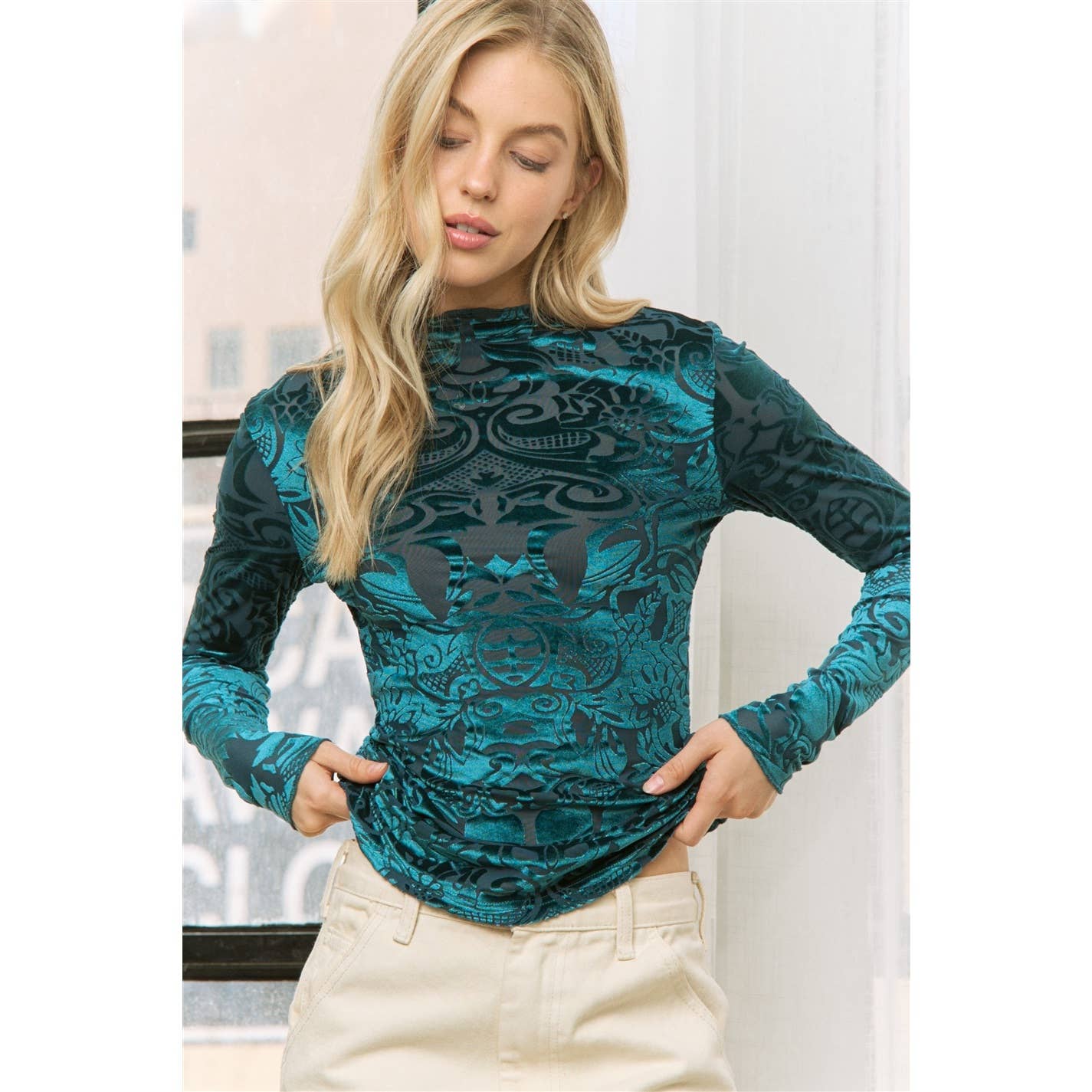 Sweet Generis - Wholesale Knit Top - Women's - VELVET BURN OUT SLIM FIT HIGH NECKLINE TOP2