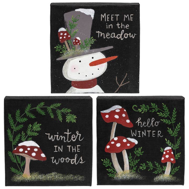 Snowy Winter Mushroom Canvas - 3 Asstd. for wholesale by The Hearthside Collection