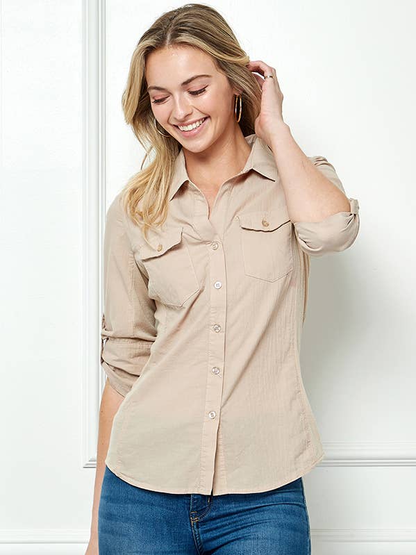 Rolled-Up Sleeve Button Down Knit to Fit Blouse for wholesale by Veracci
